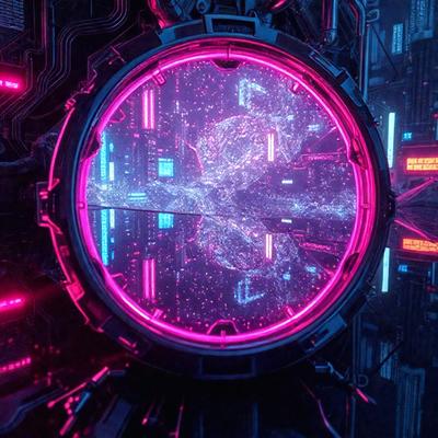 The primary subject of the image is a large, pink, circular object with a purple background. The setting appears to be a futuristic environment, possibly a space station or a computer screen. The visual style of the image is a combination of digital art and illustration, creating a unique and captivating scene. The dominant colors in the image are pink and purple, giving it a vibrant and futuristic atmosphere.